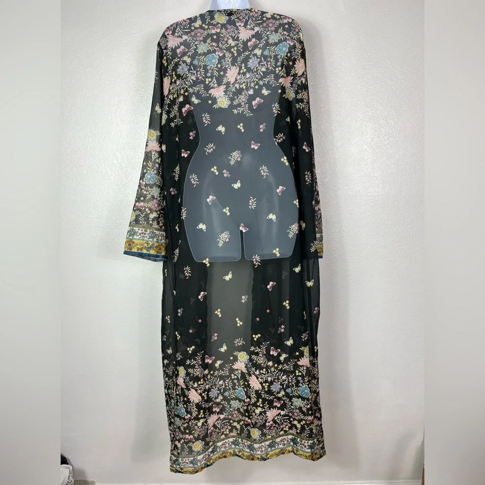Floral Black Butterflies Sheer Maxi Kimono Coverup Cardigan size 5XL - Picture 7 of 9